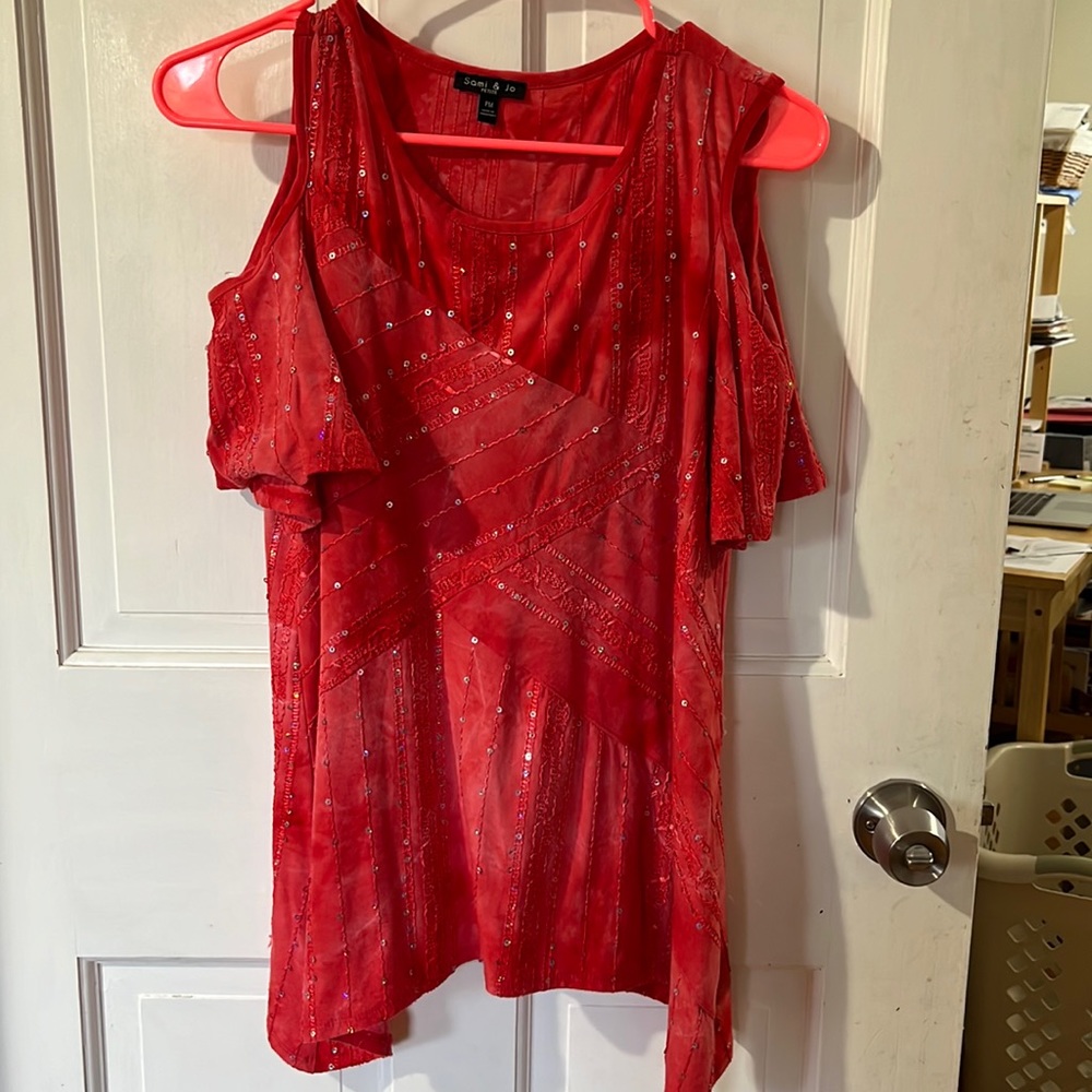 Sami & Jo Red Sequin Cold-Shoulder Top